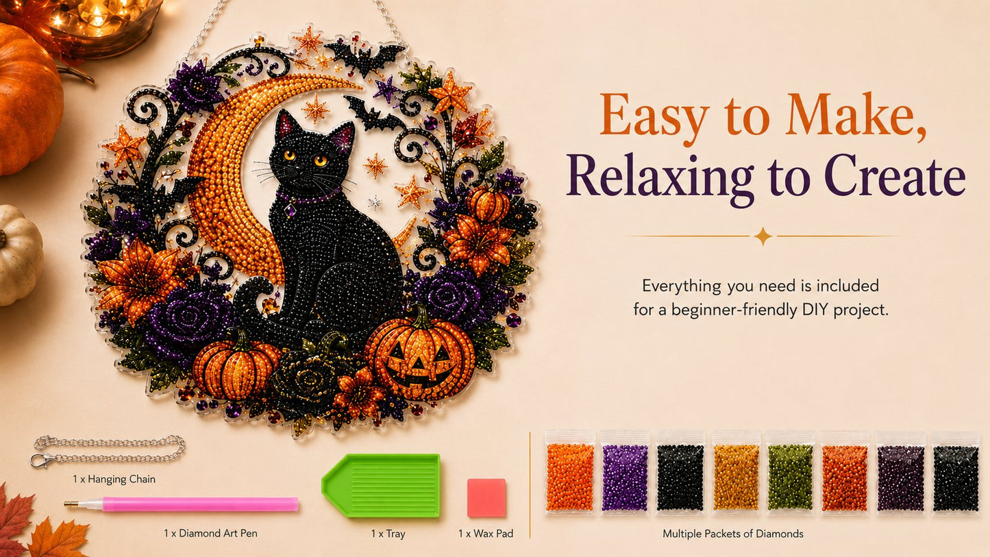 Black Cat Moon Diamond Art Halloween Ornament DIY Kit