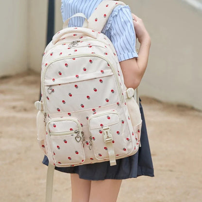 Waterproof Nylon Strawberry Print Large Capacity School Backpack
