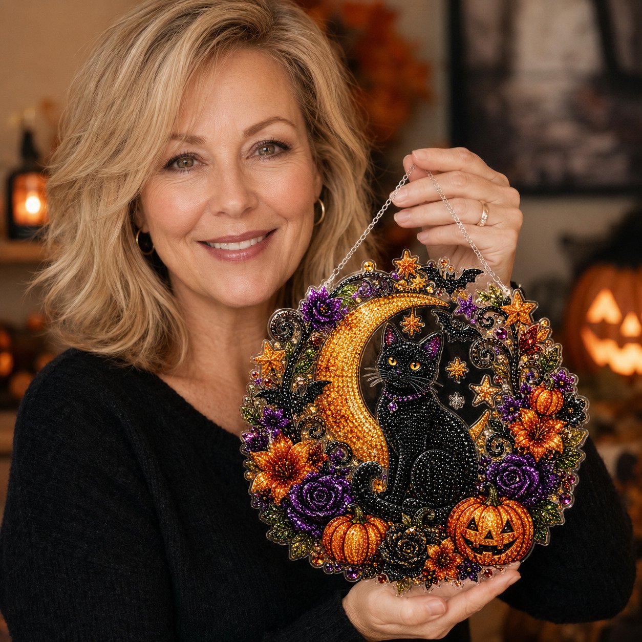 Black Cat Moon Diamond Art Halloween Ornament DIY Kit