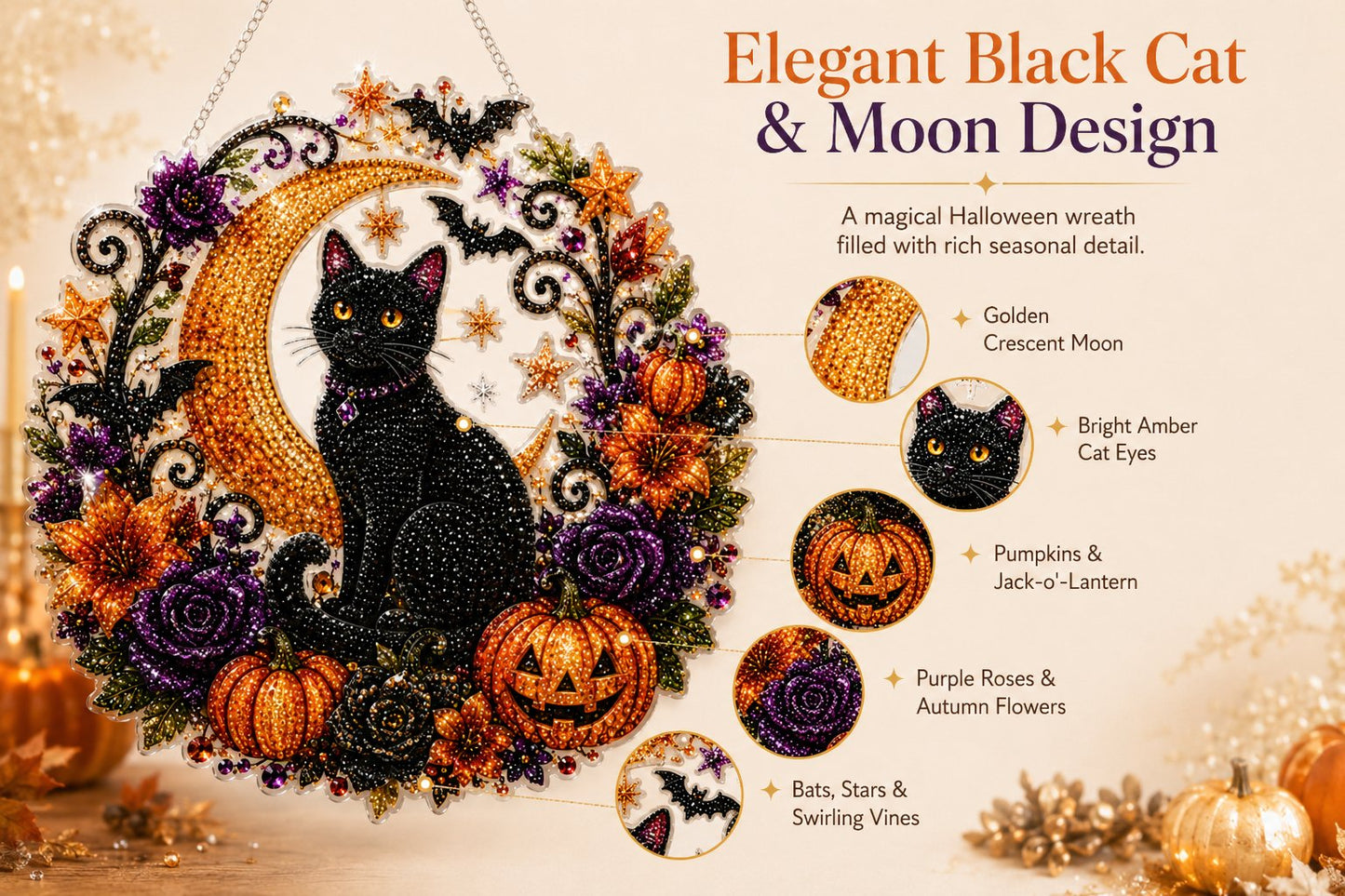 Black Cat Moon Diamond Art Halloween Ornament DIY Kit