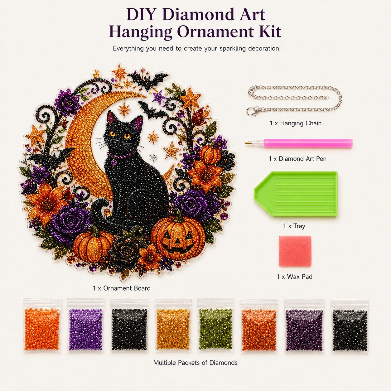Black Cat Moon Diamond Art Halloween Ornament DIY Kit