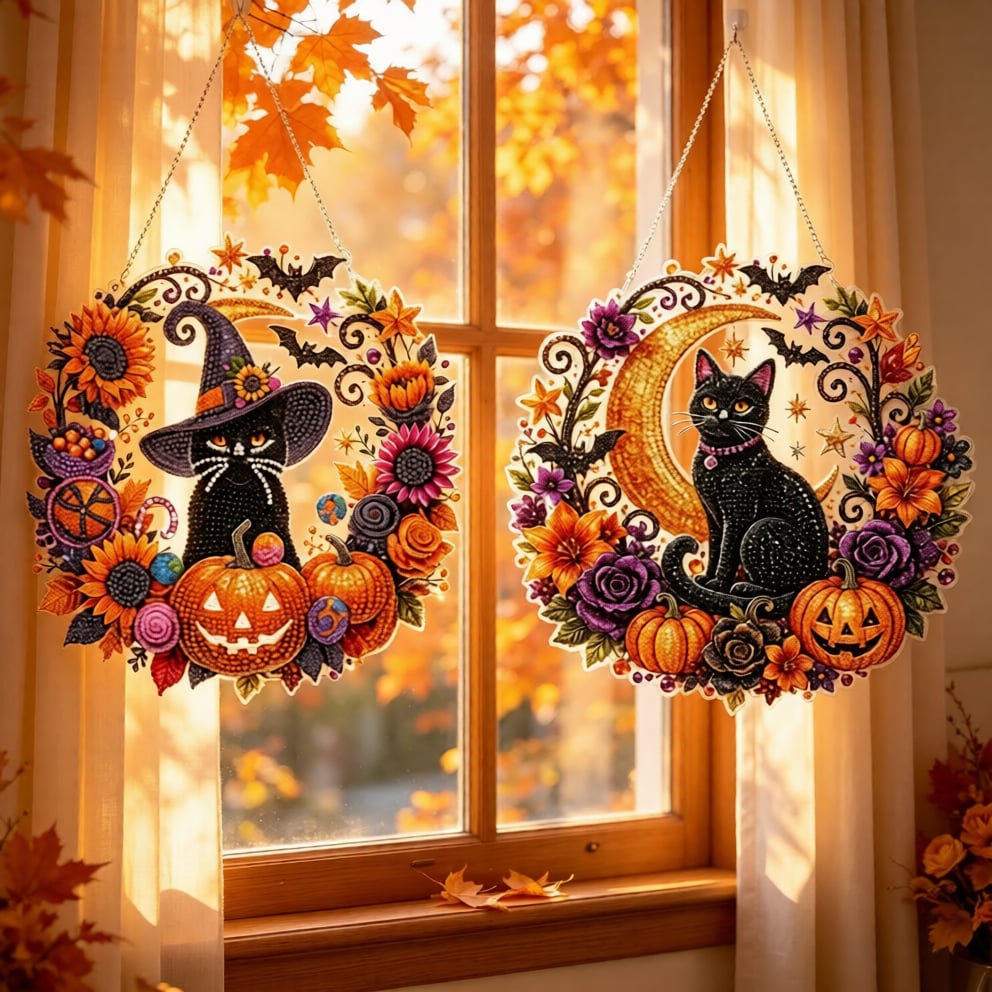 Black Cat Moon Diamond Art Halloween Ornament DIY Kit