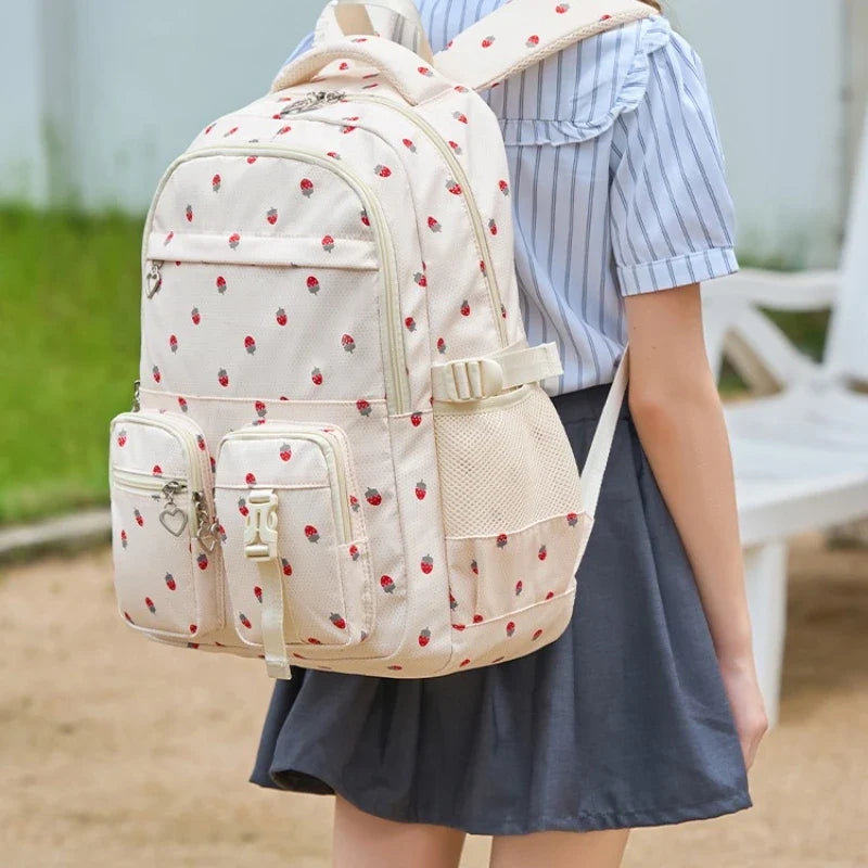 Waterproof Nylon Strawberry Print Large Capacity School Backpack
