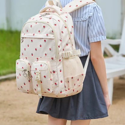 Waterproof Nylon Strawberry Print Large Capacity School Backpack