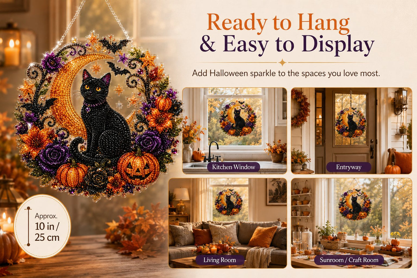 Black Cat Moon Diamond Art Halloween Ornament DIY Kit