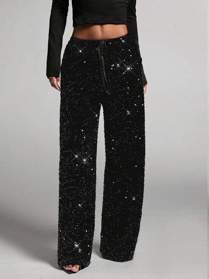 💖LAST DAY SALE 50% OFF🥰Women's Sequin Sparkle Wide Leg Pants with Elastic Waistband