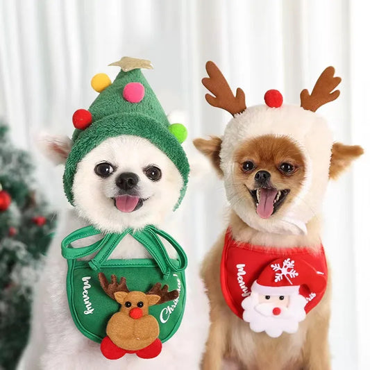 Cute Christmas Santa Pet Hat And Bib Cosplay Costume For Holiday Party