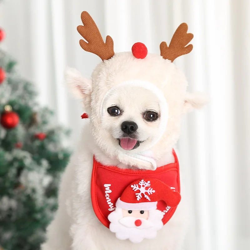 Cute Christmas Santa Pet Hat And Bib Cosplay Costume For Holiday Party