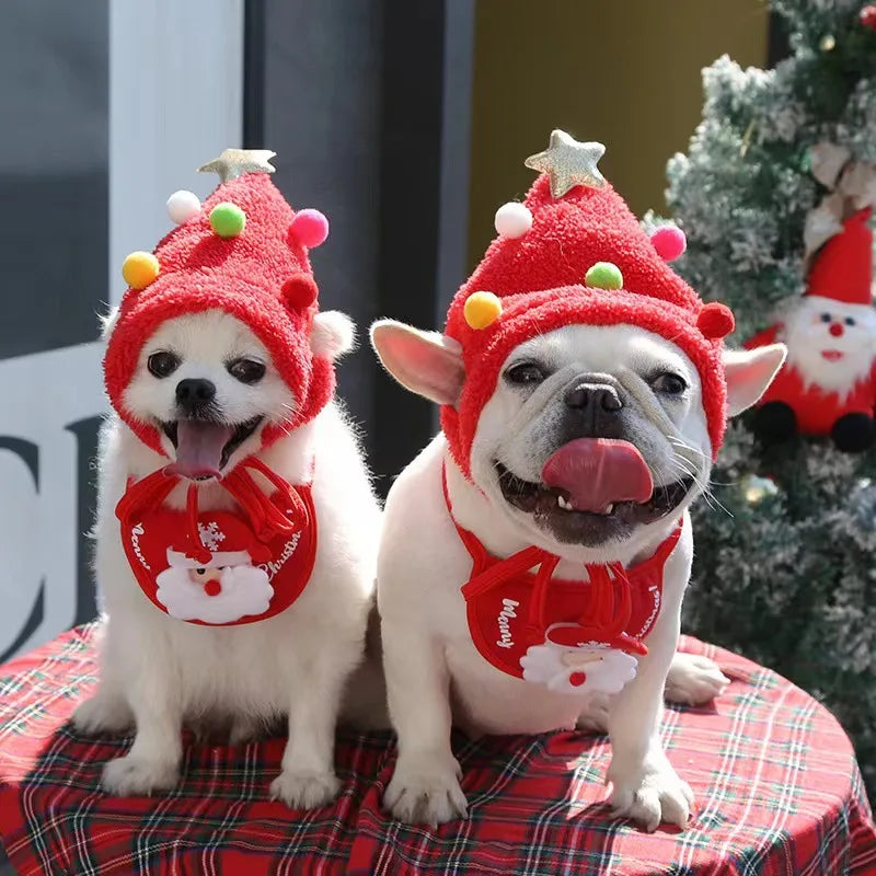 Cute Christmas Santa Pet Hat And Bib Cosplay Costume For Holiday Party