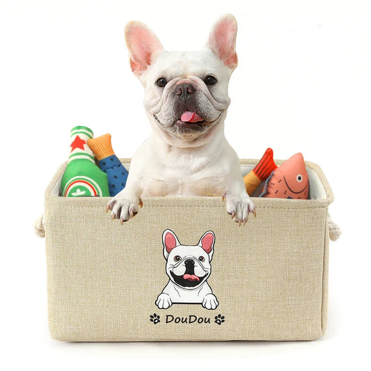 Personalized Dog Toy Basket Free Printed Pet Name & Image Toy Clothes Storage Organizer