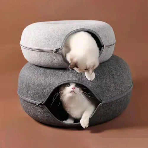 Dual Use Donut Cat Bed Interactive Tunnel Toy Indoor Play House For Kitten Training
