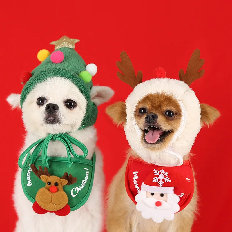 Cute Christmas Santa Pet Hat And Bib Cosplay Costume For Holiday Party
