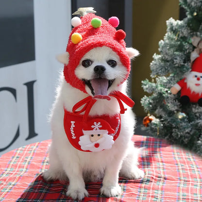 Cute Christmas Santa Pet Hat And Bib Cosplay Costume For Holiday Party
