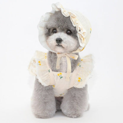 Cherry Printed Dog Cat Dress With Hat