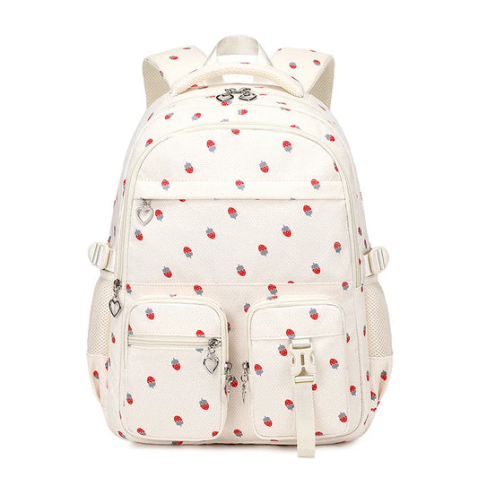 Waterproof Nylon Strawberry Print Large Capacity School Backpack