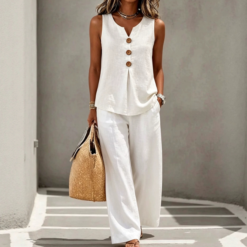 💸 Sparen Sie heute mehr – Extra-Rabatt⚡Damen Ärmelloses Button-Up Oberteil & Loose Hose Zweiteiler Set