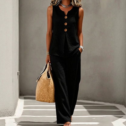💸 Sparen Sie heute mehr – Extra-Rabatt⚡Damen Ärmelloses Button-Up Oberteil & Loose Hose Zweiteiler Set
