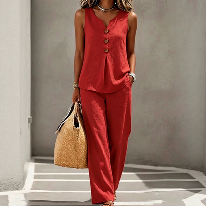 💸 Sparen Sie heute mehr – Extra-Rabatt⚡Damen Ärmelloses Button-Up Oberteil & Loose Hose Zweiteiler Set