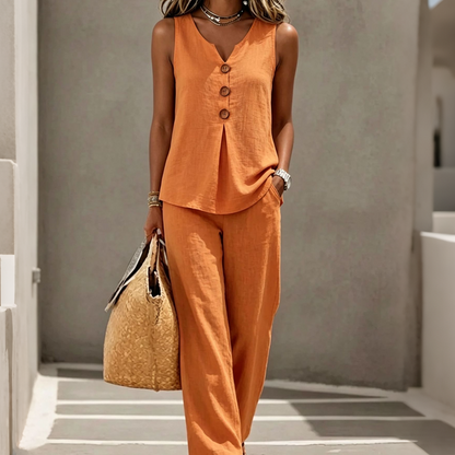 💸 Sparen Sie heute mehr – Extra-Rabatt⚡Damen Ärmelloses Button-Up Oberteil & Loose Hose Zweiteiler Set