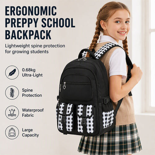 Waterproof Large Capacity Primary School Student Bookbag with Plaid Design