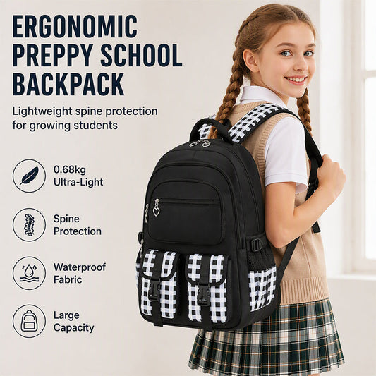 Waterproof Large Capacity Primary School Student Bookbag with Plaid Design