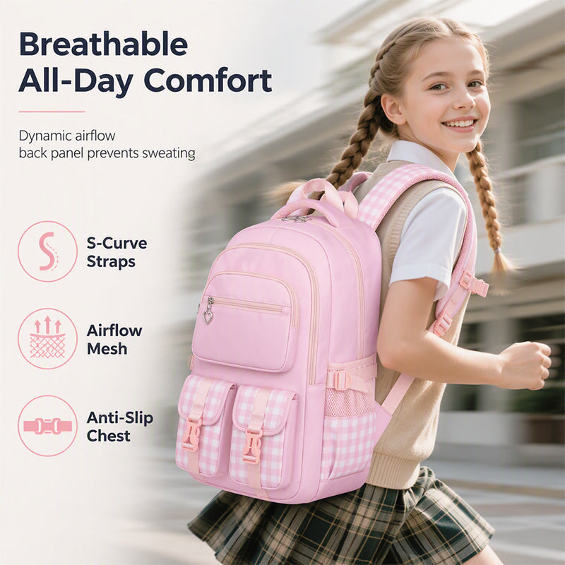 Waterproof Large Capacity Primary School Student Bookbag with Plaid Design