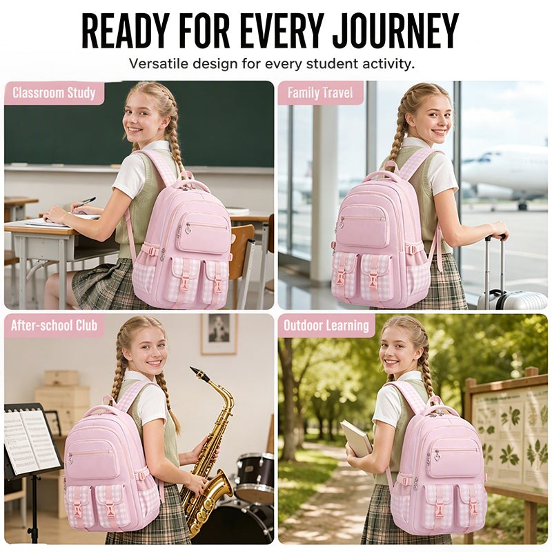 Waterproof Large Capacity Primary School Student Bookbag with Plaid Design