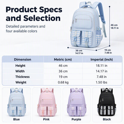 Waterproof Large Capacity Primary School Student Bookbag with Plaid Design