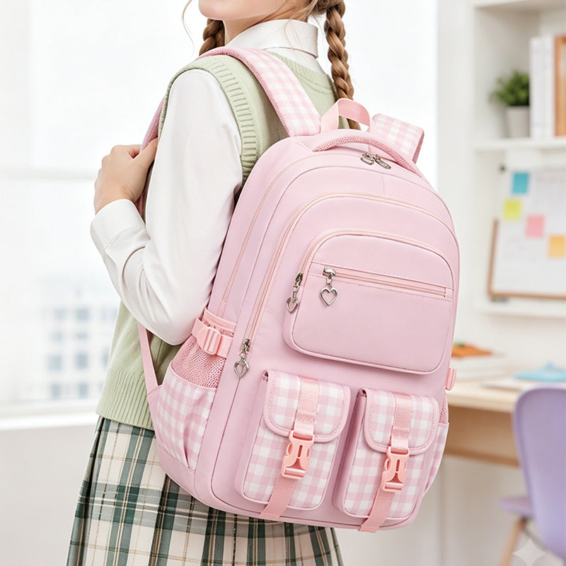 Waterproof Large Capacity Primary School Student Bookbag with Plaid Design