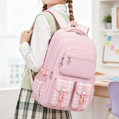 Waterproof Large Capacity Primary School Student Bookbag with Plaid Design