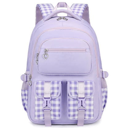 Waterproof Large Capacity Primary School Student Bookbag with Plaid Design