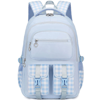 Waterproof Large Capacity Primary School Student Bookbag with Plaid Design