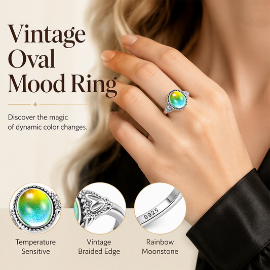 Vintage Oval Temperature Color Changing Mood Ring with Heart Accents