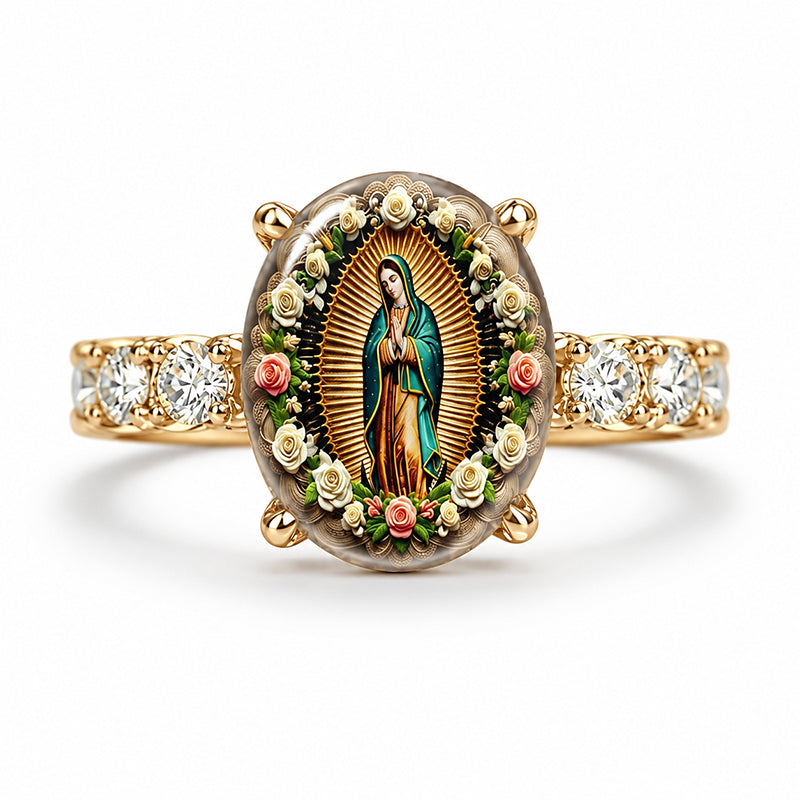 Vintage Gold Virgin Mary Oval Crystal Ring