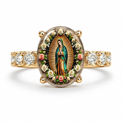 Vintage Gold Virgin Mary Oval Crystal Ring