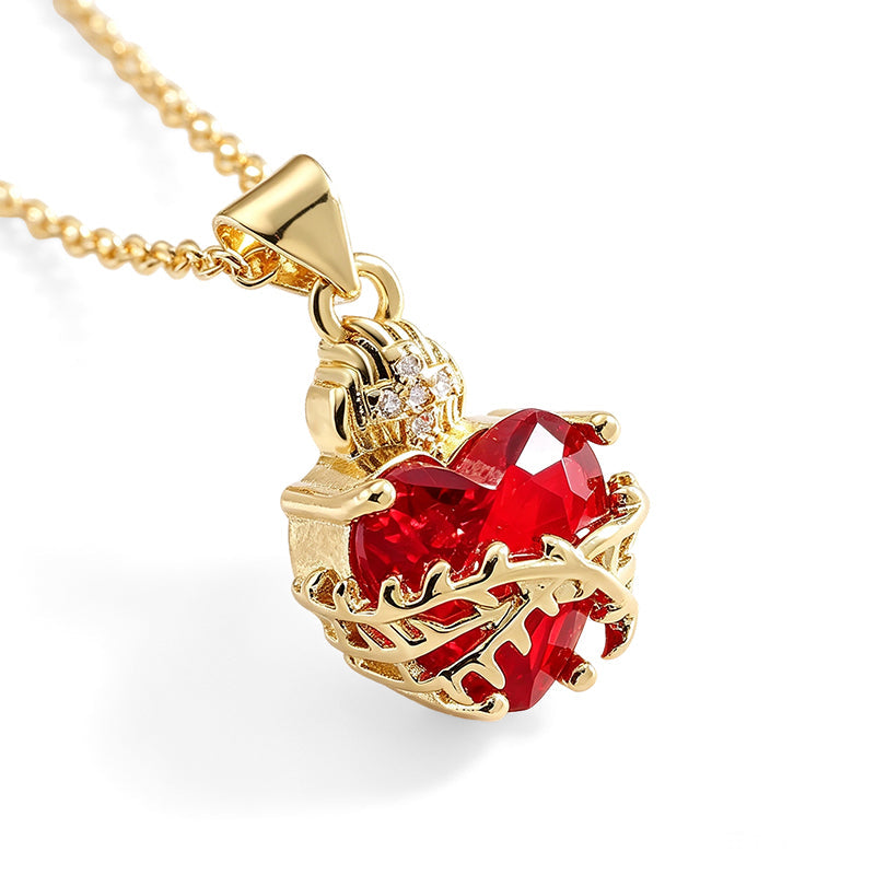 Women Gold Plated Red Zircon Heart Pendant Necklace