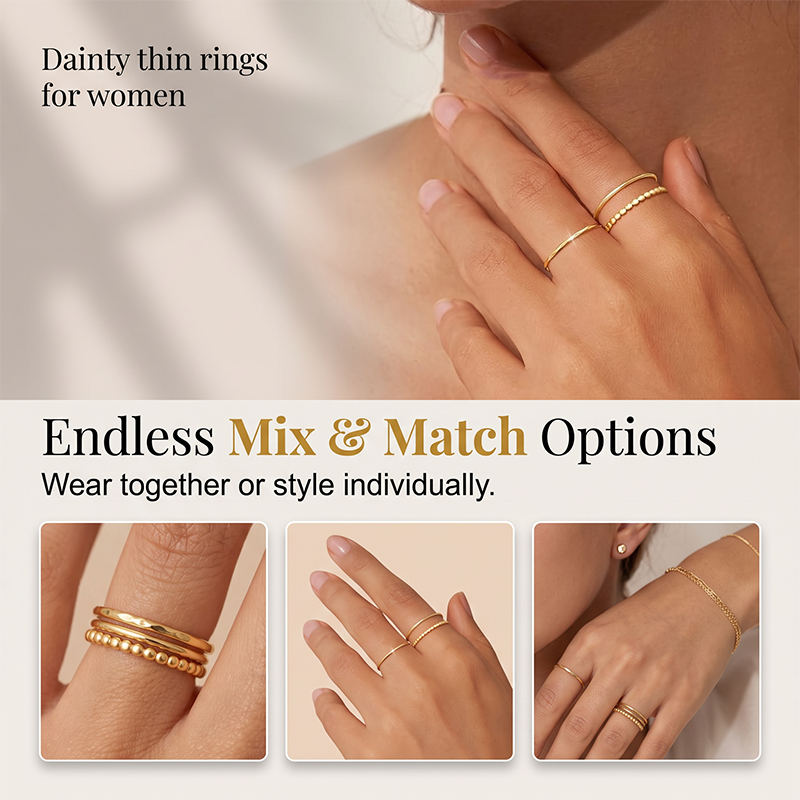 Thin Band Wave Beaded Ring Set High-End Index Finger Rings